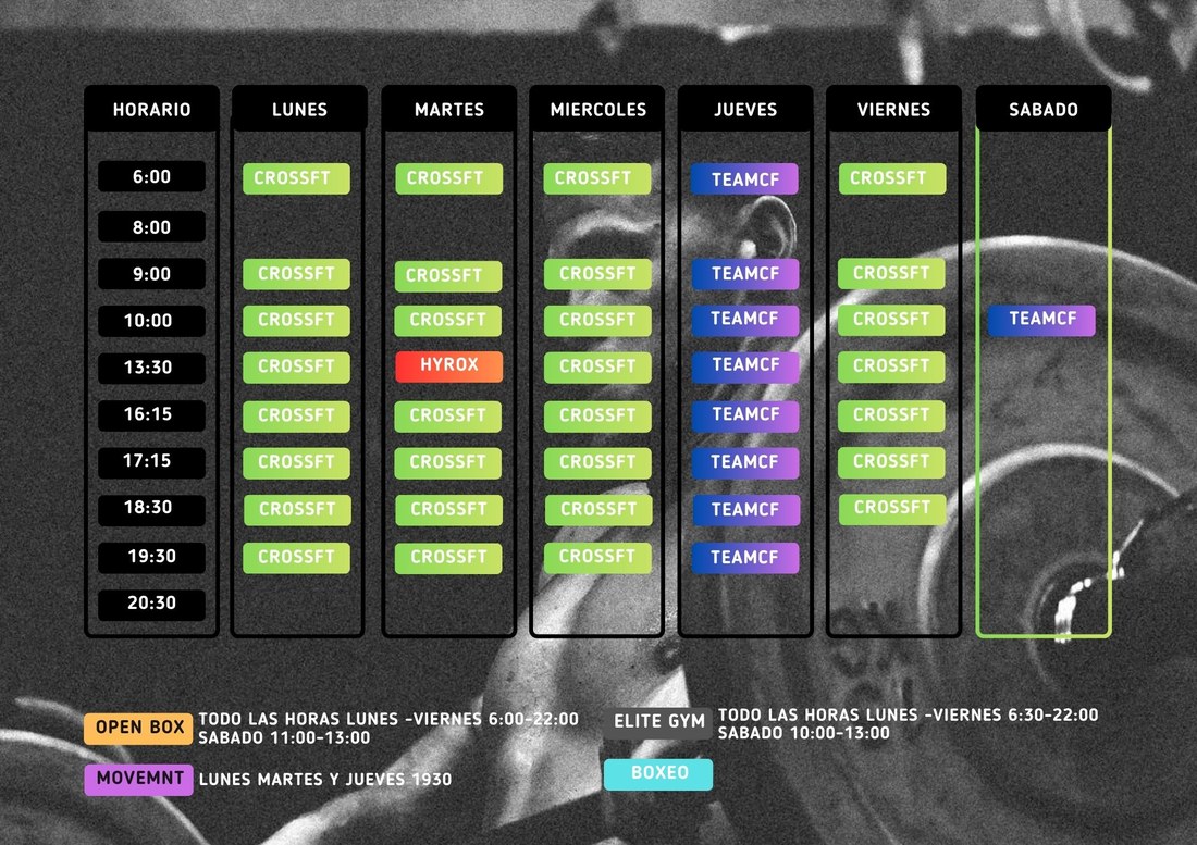 Horario semanal de clases Elite Fitness Las Palmas: CrossFT, TeamCF, HYROX, Open Box, Elite Gym, Movement y Boxeo, Lunes a Sábado